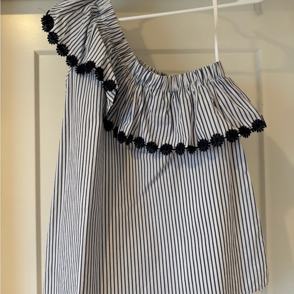 LOFT Striped One-Shoulder with navy embroidery detailing size XS